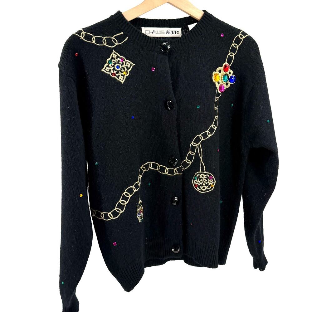 Vintage 90s Chaus Petites Black Jeweled Chain Embroidered Cardigan